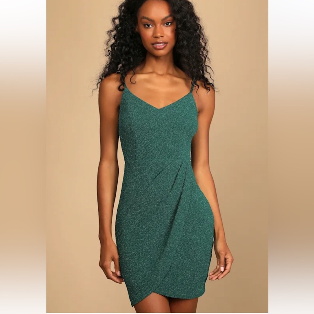 NWT Lulu's Glad You Came Green Glitter Tulip Mini Bodycon Dress r